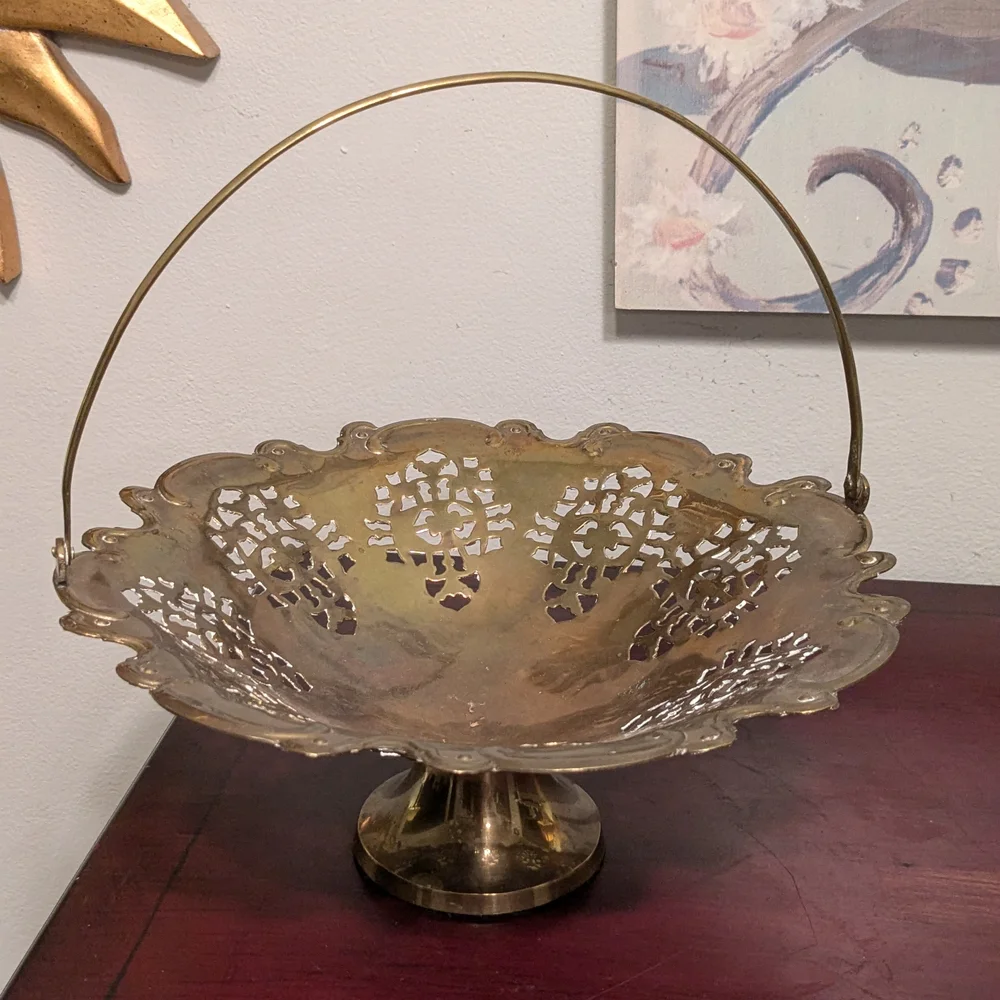 Vintage Brass Decorative Bowl Basket With Handle Victorian Pedestal